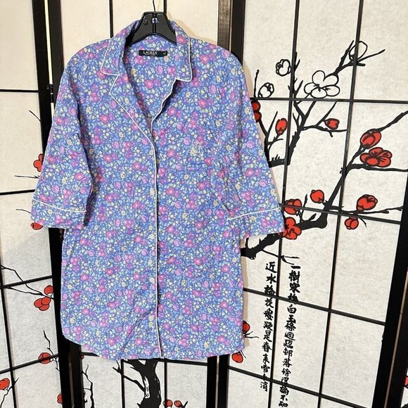 Lauren Ralph Lauren Other - Lauren Ralph Lauren Pajama Dress Womens M Medium Blue Pink Floral Logo Sleepwear